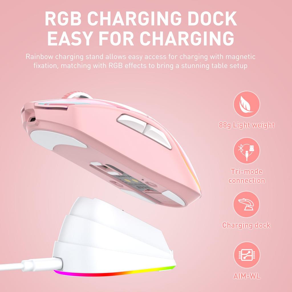 DAREU A950 Gaming RGB Lade-Ständer 12000 Technische Standards Genehmigte Maus, Rosa, Niedlich, Kabellos, Symmetrisch, Leicht, USB/2,4GHz/Bluetooth,