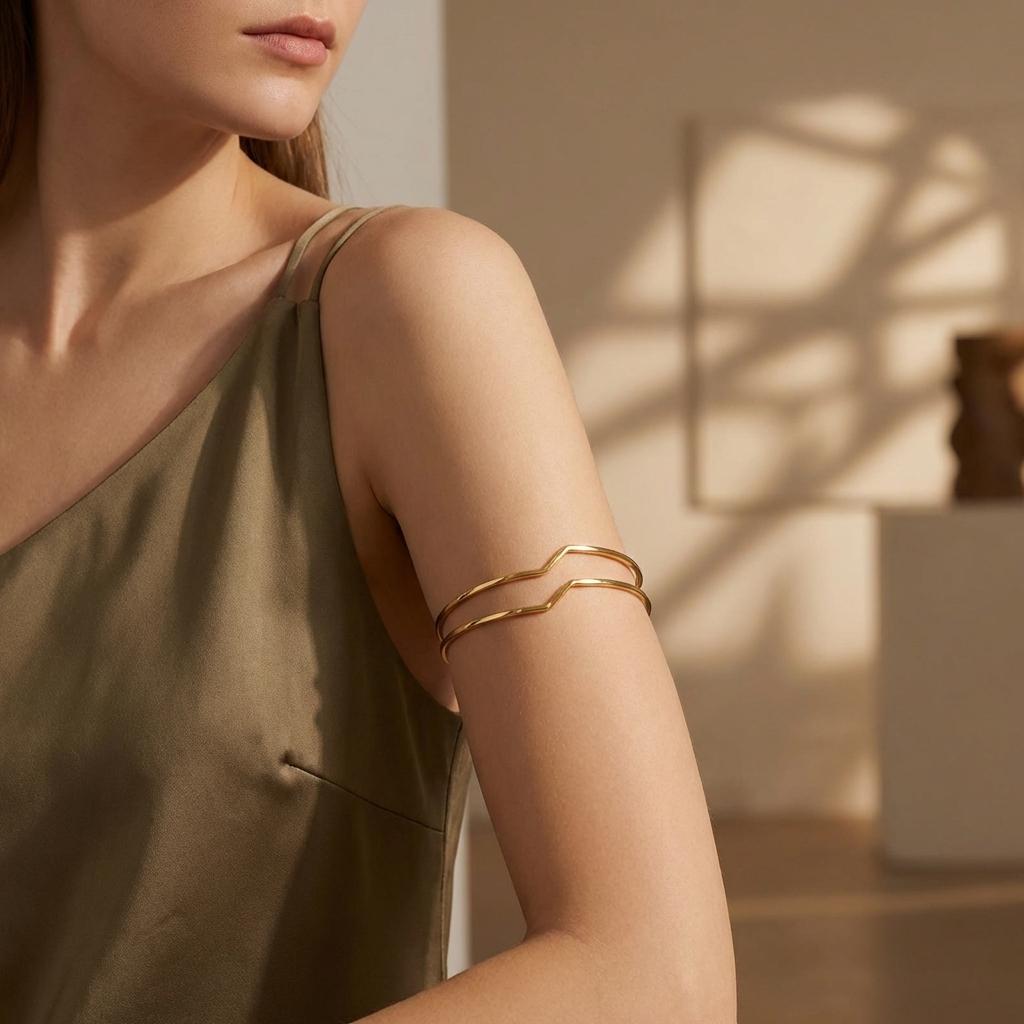 Minimalist Irregular Wave Hollow Upper Arm Cuff Bracelet Boho Adjustable Open Armband Body Jewelry For Women