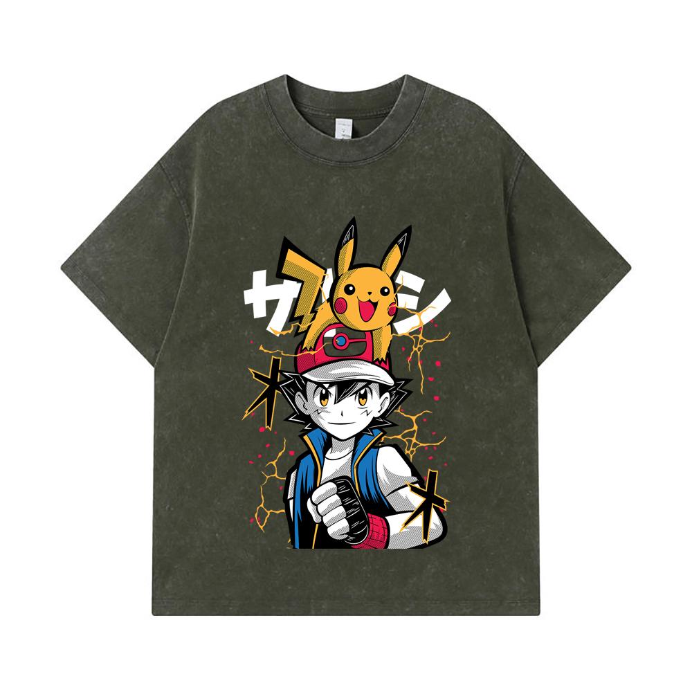 275 GSM Gewaschene T-Shirts 100% Baumwolle Pokemon V2 Ash Print Unisex Schweres Baumwoll-T-Shirt