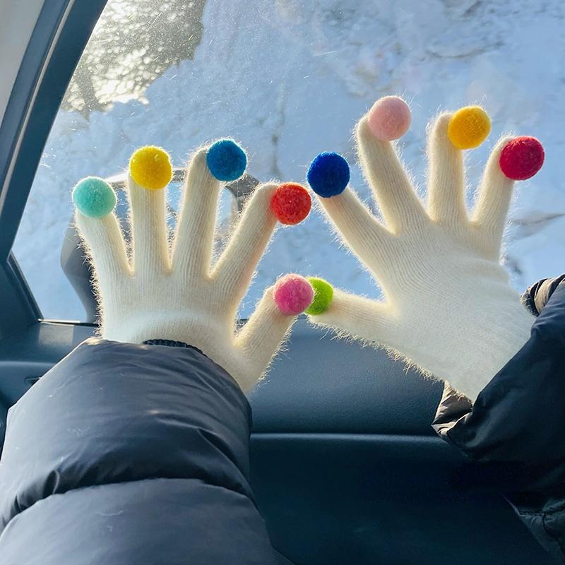 

Теплый пушистый шарик, перчатки с пятью пальцами, вязаные защитные перчатки для сенсорного экрана, женские белый