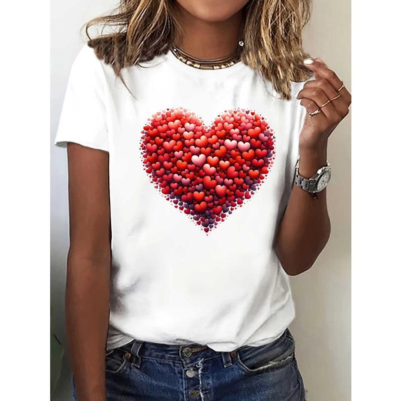 European Size Y2K Fashion Casual Street Style - Valentine'S Day Heart Pattern Printed Women'S Round Neck Pullover T-Shirt