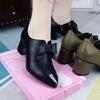 European and American New Metal Pointed Bow Thick Heel Leather Shoes Large Size Single Shoes