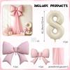 5pcs DIY Bow Birthday Balloon Set, 32inch Milk White Number Balloon, Pink Bow Balloon and Pink Mesh, Birthday Party Decoration