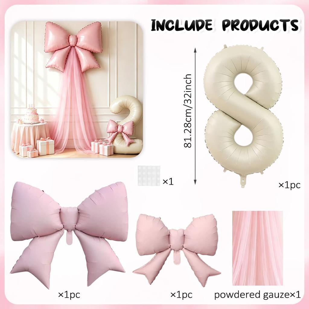 5pcs DIY Bow Birthday Balloon Set, 32inch Milk White Number Balloon, Pink Bow Balloon and Pink Mesh, Birthday Party Decoration