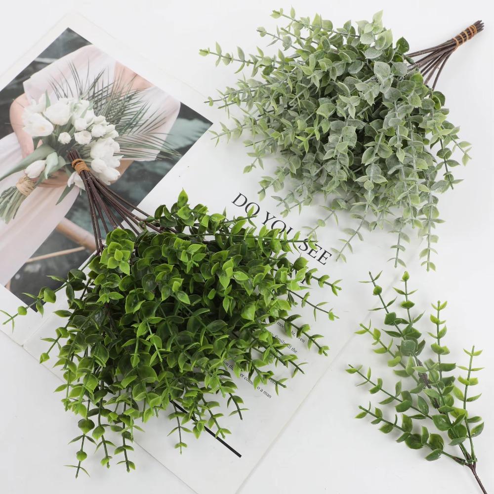 New 12pcs/lot Artificial Plant Branch Plastic Eucalyptus Leaves Wedding Garden Decor Home Living Room Table Green Decoration