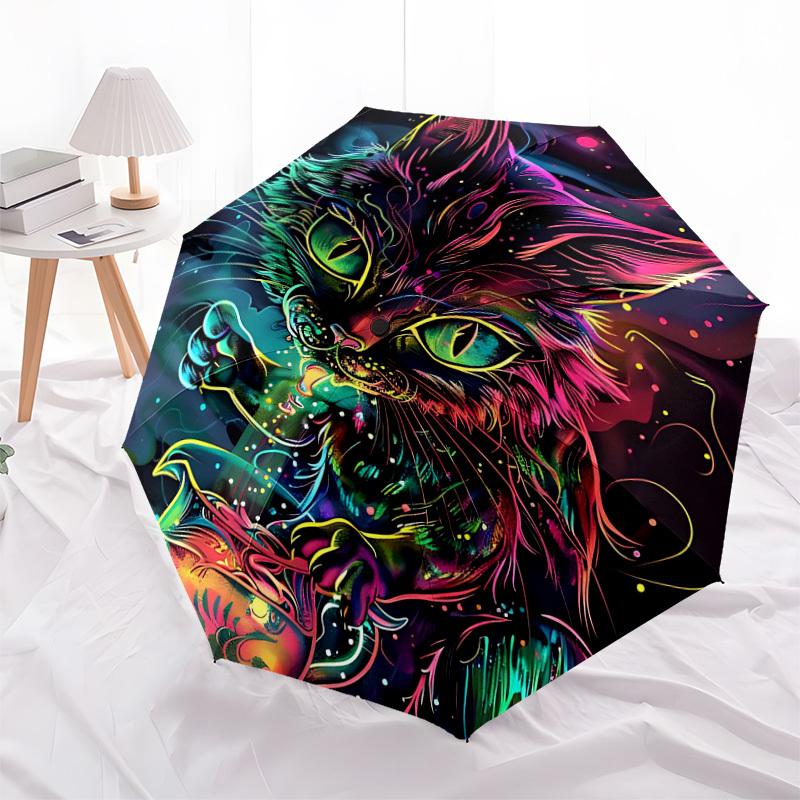 1PC Neon Cat Automatic Folding Umbrella - Compact 8-Rib Design, Durable Plastic & Iron, Lightweight for Outdoor Daily Use, Festive Gift059