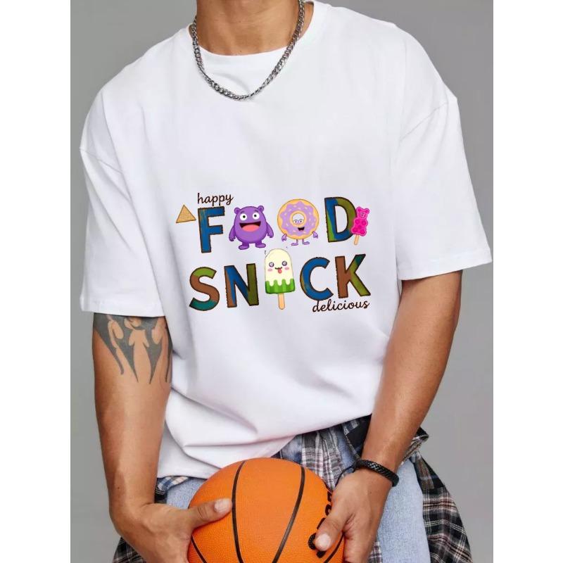 Cotton T Shirt White Happy Food Snack Delicious Cartoon Characters and Text Design for Casual Wear