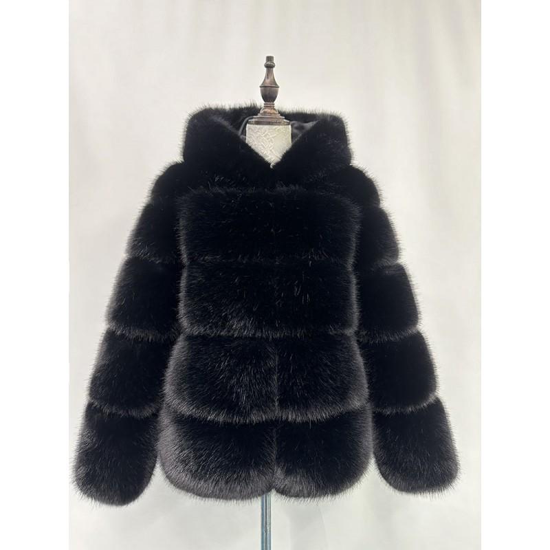 Womens Faux Fur Hooded Coat Winter Warm Casual Streetwear Jacket With Patchwork Design