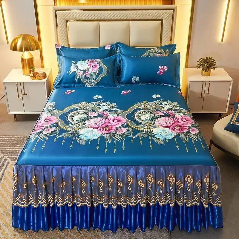 Korean Version Lace Solid Color Bed Skirt Three Piece Set, Skin Friendly Double-layer Bed Cover Non Slip Bed Cover Falda De Cama