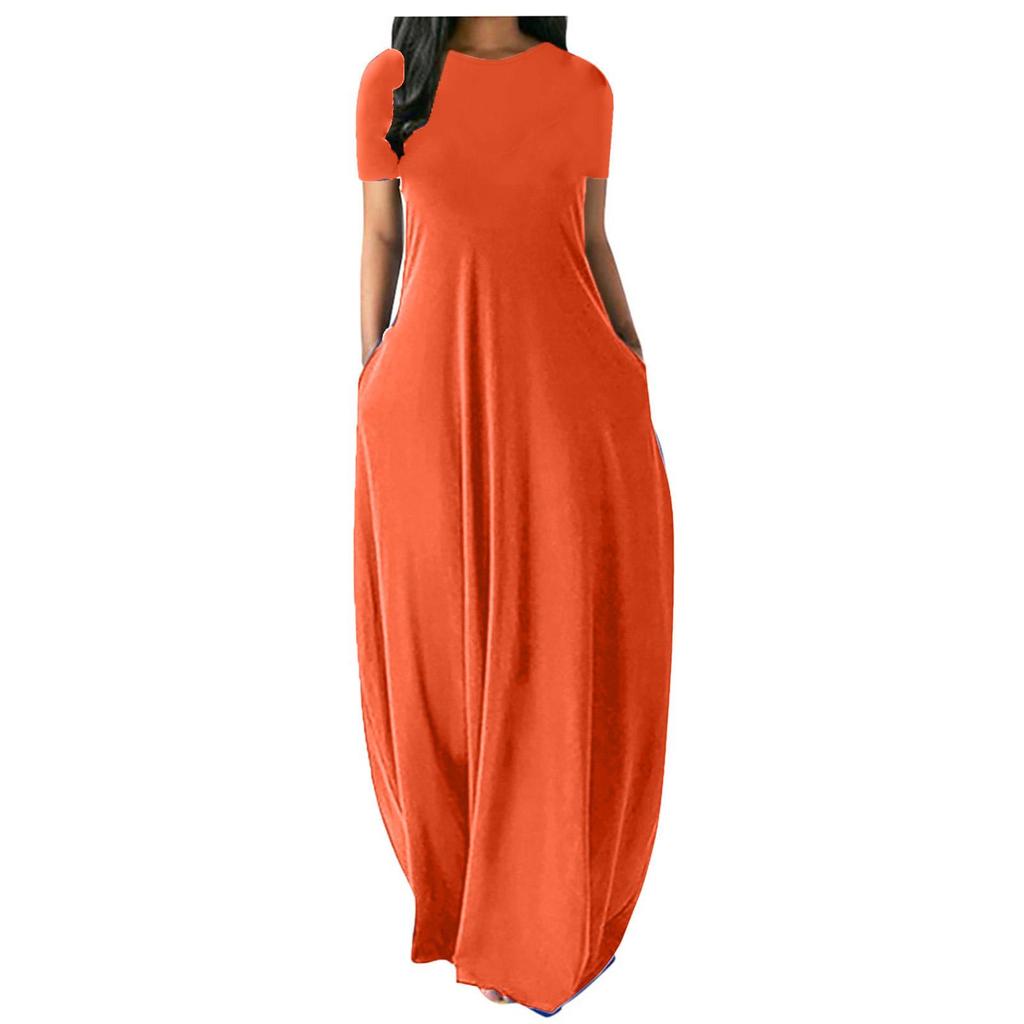 Plus Size Women’s Solid Color Round Neck Pocket Maxi Dress – Short Sleeve, Loose Fit