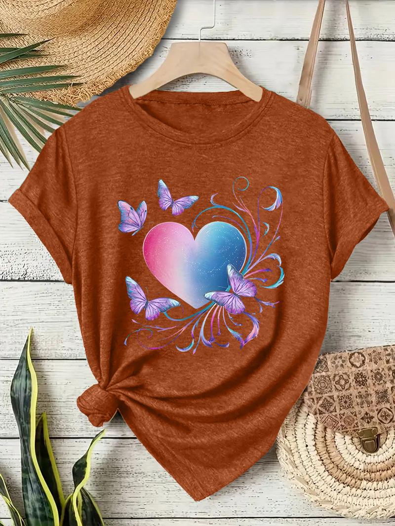 Europäisches & Amerikanisches Rundhals-T-Shirt mit Schmetterlings-Herz-Print für Damen - Sommer Lockeres Kurzarm-Oberteil M