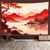 Oriental Sunset Tapestry, Red Pavilion Autumn Forest Moonlight Lake View Decor