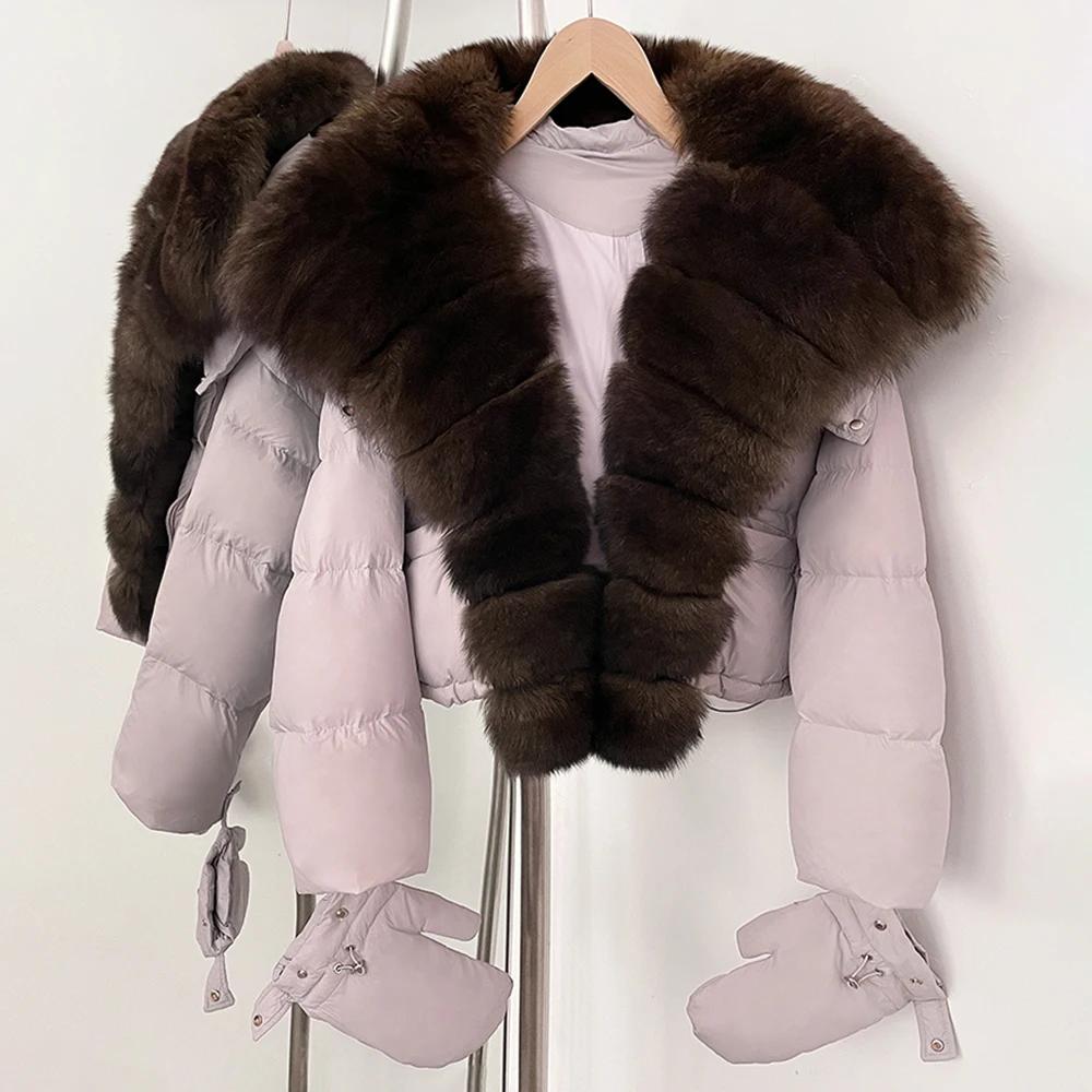 OFTBUY New Winter Top Clothes Women Short Hooded Big Real Fox Fur Down Coat Female Natural Fur Fluffy Puffer Jacket with Gloves
