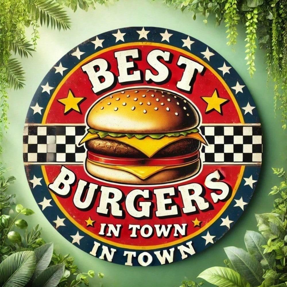 Vintage Retro Burger Metal Sign Best Burgers In Town Round Plaque Bar Cafe Kitchen Wall Decor