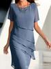 Women's Solid Short Sleeve Chiffon Midi Dress Round Neck Ruffle Layered A Line Elegant Commuter Dress Summer Party Dress
