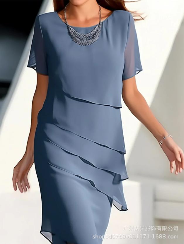 Women's Solid Short Sleeve Chiffon Midi Dress Round Neck Ruffle Layered A Line Elegant Commuter Dress Summer Party Dress