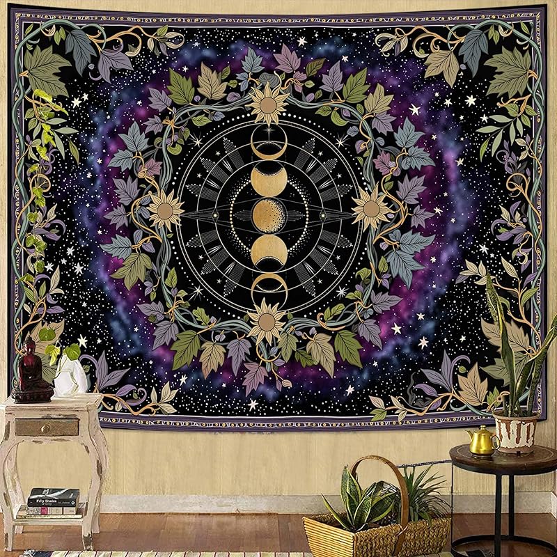 Faxdong Boho Green Butterfly Tapestry, Aesthetic Triple Moon and Sunflowers Crystal Tapestries, Moth Mystic Decor for Bedroom Living Room