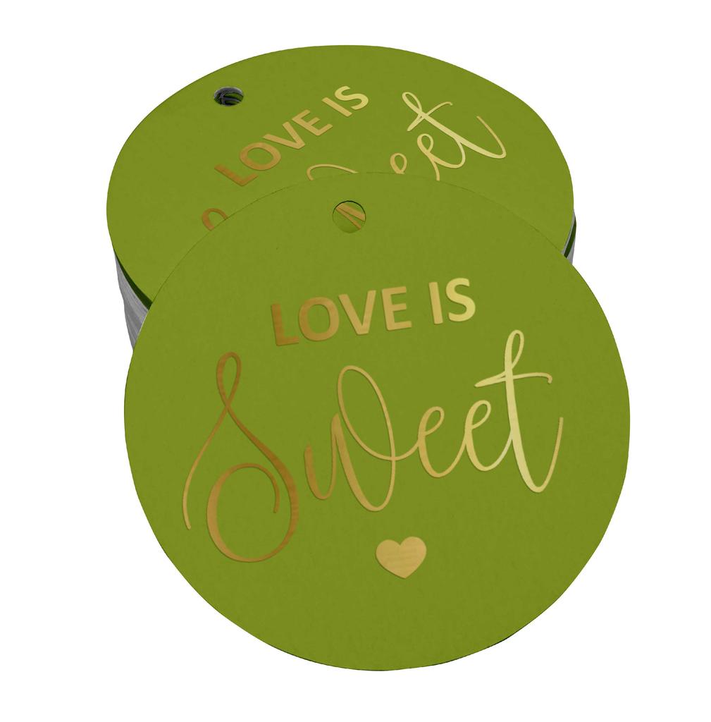 Inkdotpot 100 - Confezione da 100 etichette in carta stagnola color oro vero Love Is Sweet bomboniera da appendere