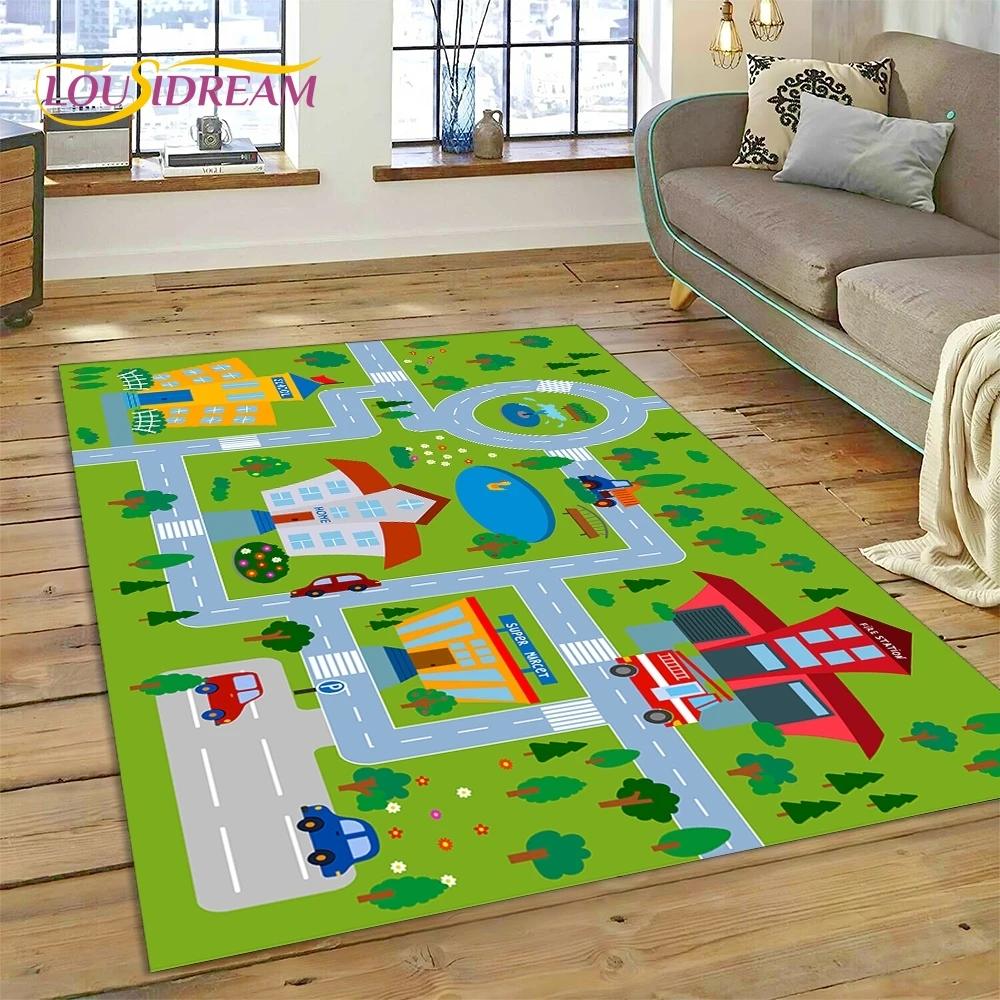 3D Highway Runway Playroom City Traffic Road Map Child PlayMat Rug Carpet for Living Room Bedroom Home Decor,Non-slip for Sofa