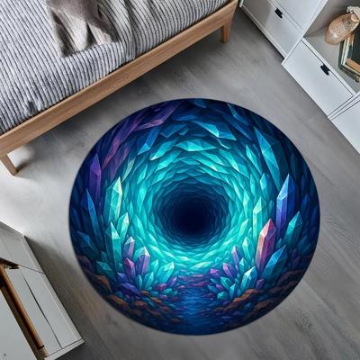 Crystal Cave Illusion Runder Teppich 3D Geometrisches Blaues Kristall Design Trippy Modern Optische Kunst Teppich für Wohnzimmer Schlafzimmer Matte