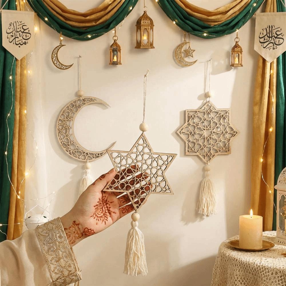 Hollowed-out Moon Star Hollow Mesh Wall Decor Handmade Wooden Handicraft Pendant  Home Decoration