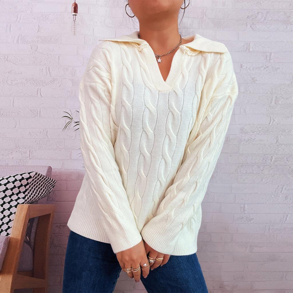 Women's Fashion Casual Loose  Semi-Retro Cable Lapel Long Sleeve Knit Sweater Pullover