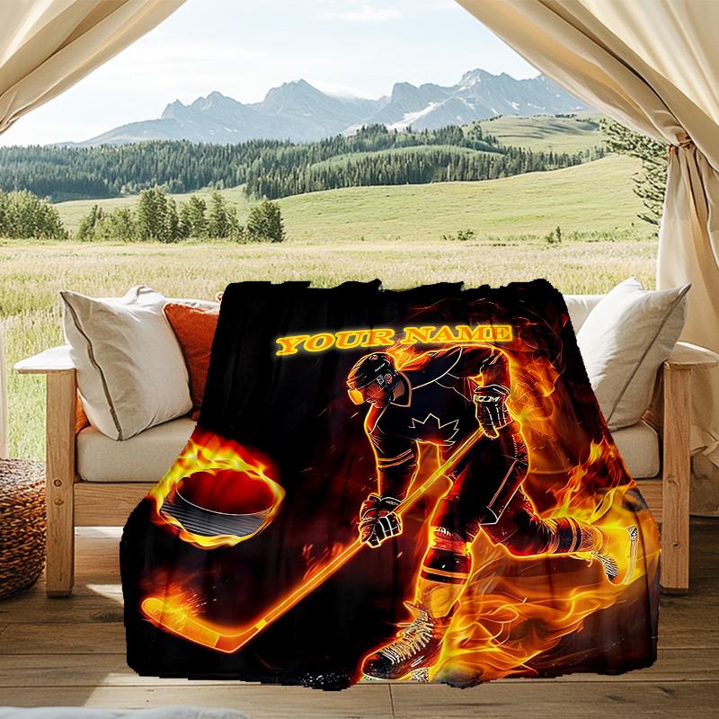 1PC Custom Name Hockey Player Artwork outdooor Flannel blankets Patterns Throw Blanket All-Season Soft Gift for Couch, Bed, Camping gifts