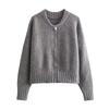 Womens Gray Acrylic Knit Cardigan Sweater V-Neck Long Sleeve Zipper Front Loose Fit Casual Office Wear Winter