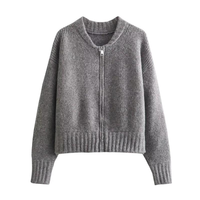 Womens Gray Acrylic Knit Cardigan Sweater V-Neck Long Sleeve Zipper Front Loose Fit Casual Office Wear Winter