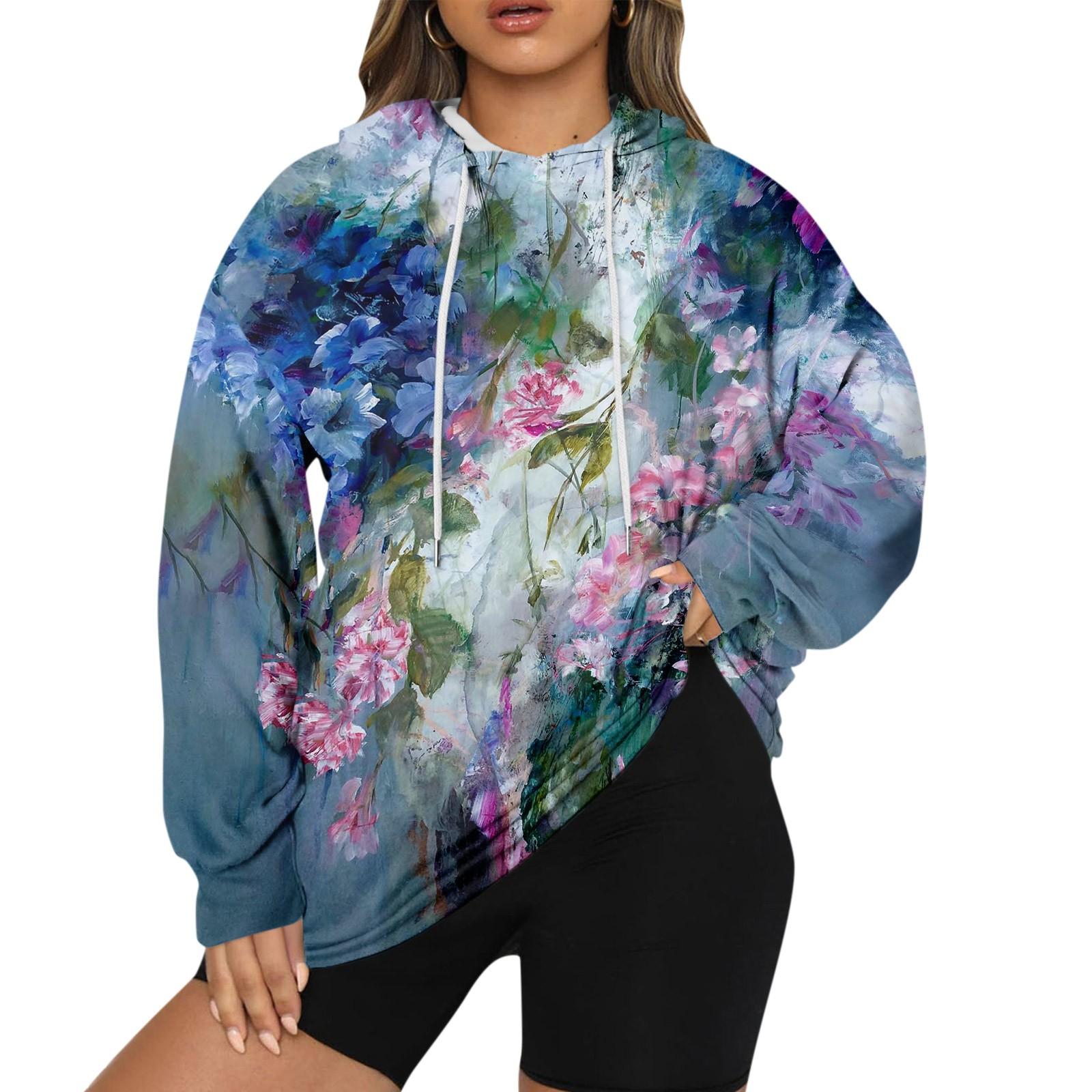 

Женский пуловер больших размеров с капюшоном и цветочным принтом, толстовка с капюшоном и длинным рукавом XXXXXL синий