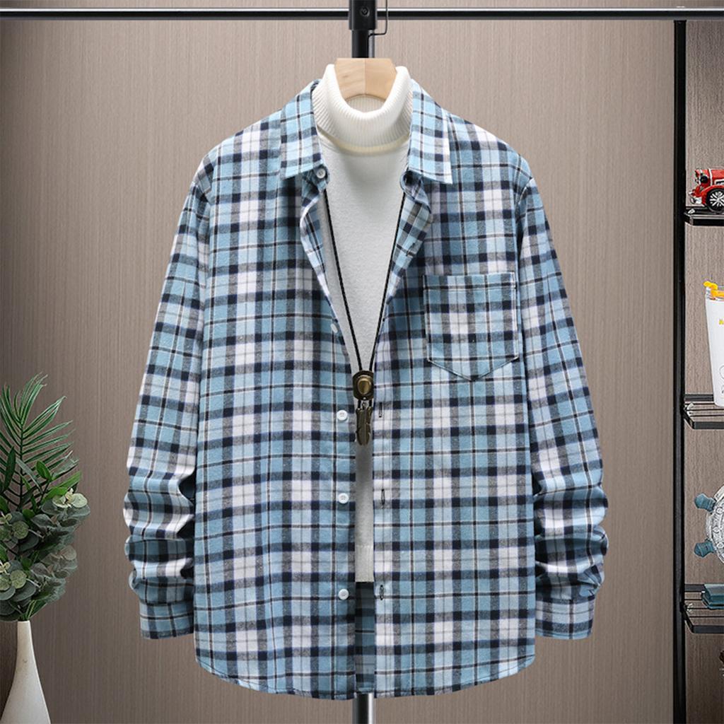 Men'S Long Sleeved Shirt Men'S Lapel Plaid Cardigan Long Sleeved Shirt