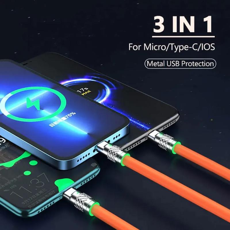 3 in 1 USB Cable 6A 120W USB Cable Fast Charging Data Cord For Iphone Samsung Huawei Xiaomi Multi Port Multiple Charging Wire