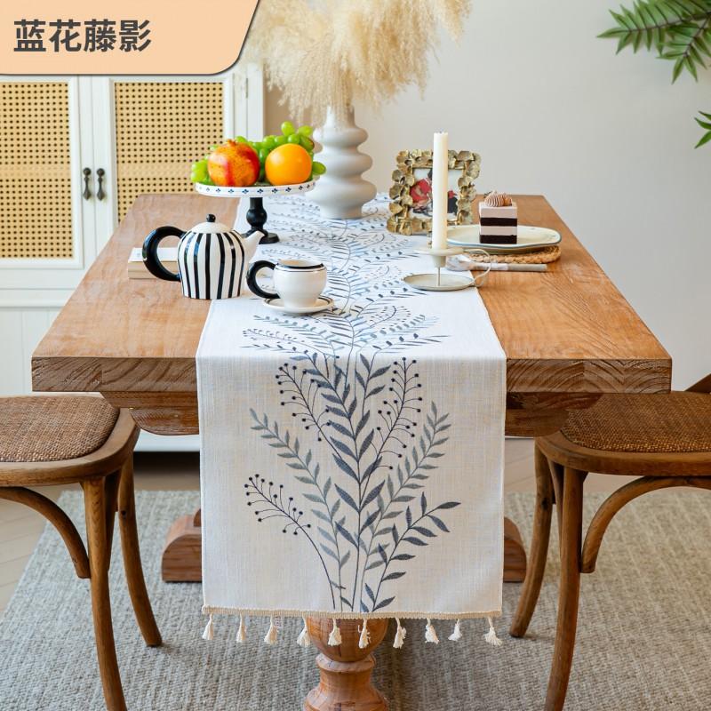 Minimalist Linen Cotton Embroidered Table Runner With Tassels Dining Decor Rustic Floral