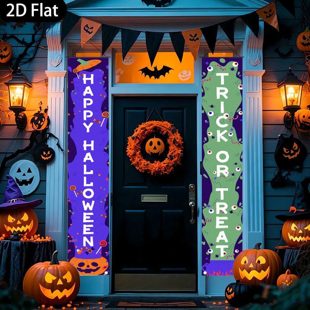 2D Flat, 2pcs Happy Halloween Banner with Slime Candy Eyeball & Trick or Treat Sign - Candy-Themed Suitable for Porch, Door Wall Hanging Decoration, I