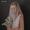 All Over Scattered Pearl Sheer Tulle Bridal Veil, Single Layer Plain Ivory Wedding Veil For Lace Satin Gown Pre-Wedding Elopement Portrait Shoot