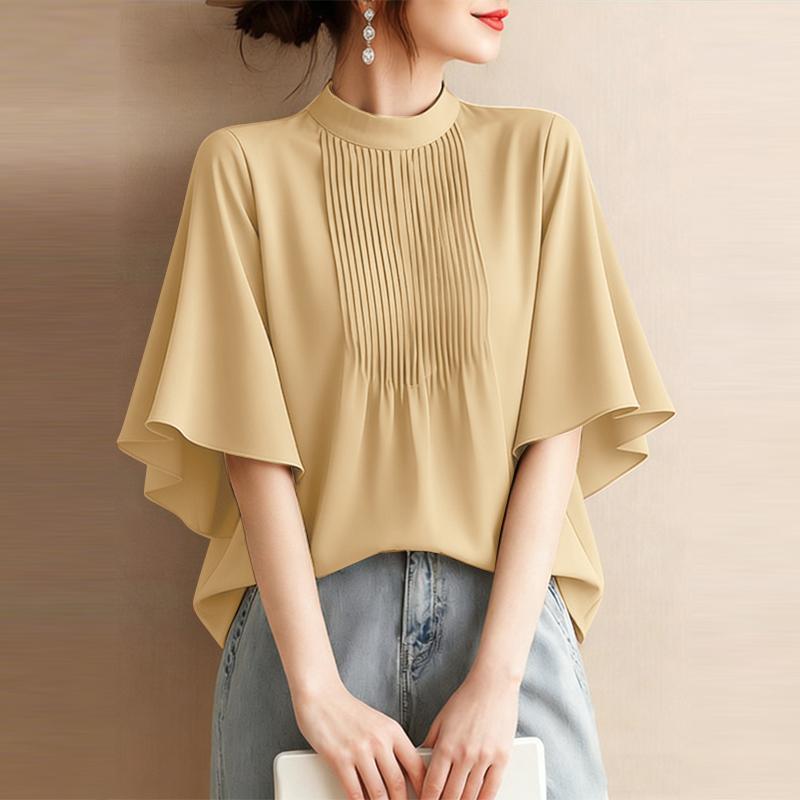 ZANZEA Women Casual Stand Collar Solid Color Loose Short Sleeve Blouse S хаки