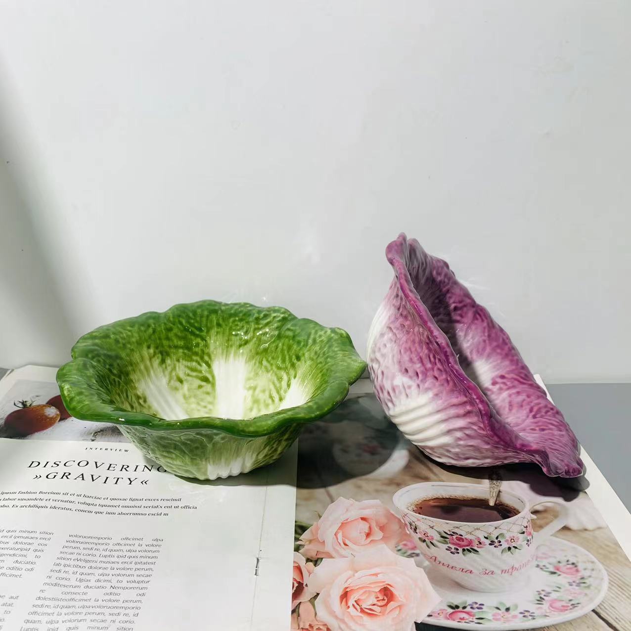 

Ceramic bowl set Special-shaped ceramic tableware Deep bowl relief green + purple simulated cabbage bowl set no specification
