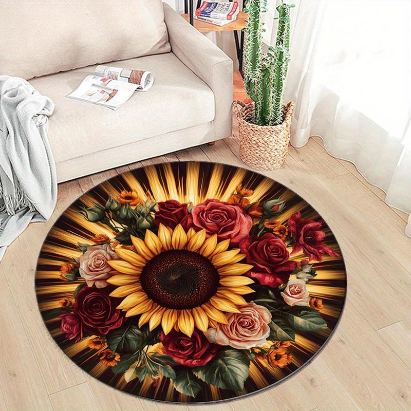 Sunflower and Roses Printed Round Area Rug - Polyester Non-Slip Chair Mat for Living Room, Bedroom, Home Decor - Floral Blooming Pattern, Wa