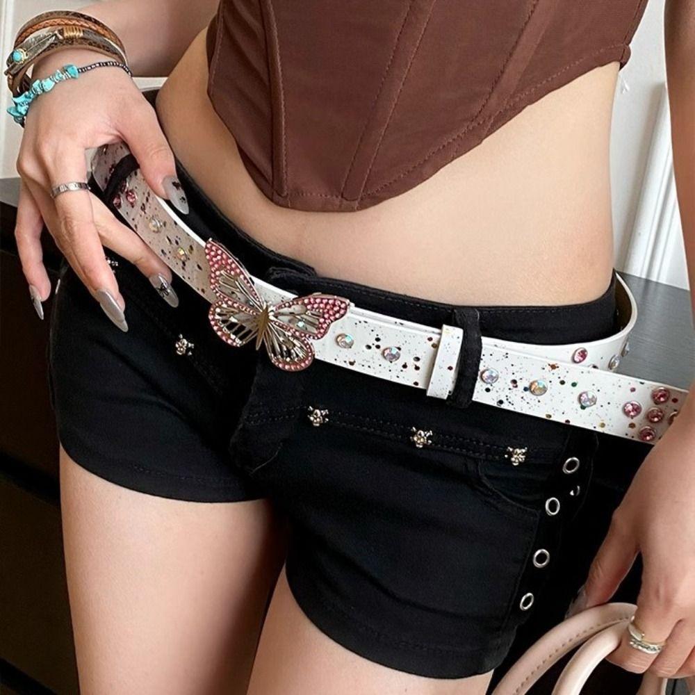 Rhinestone Y2k Jeans Belt Sweet Women's Waist Belt Fashion Butterfly Buckle Waist Belt Daily
