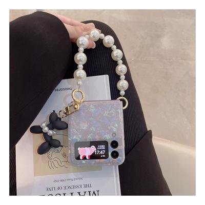 Cute Conch Shell Pattern Cover For Samsung Galaxy Z Flip 4 3 5g Case With Portable Pearl Bracelet Cartoon Dog Pendant
