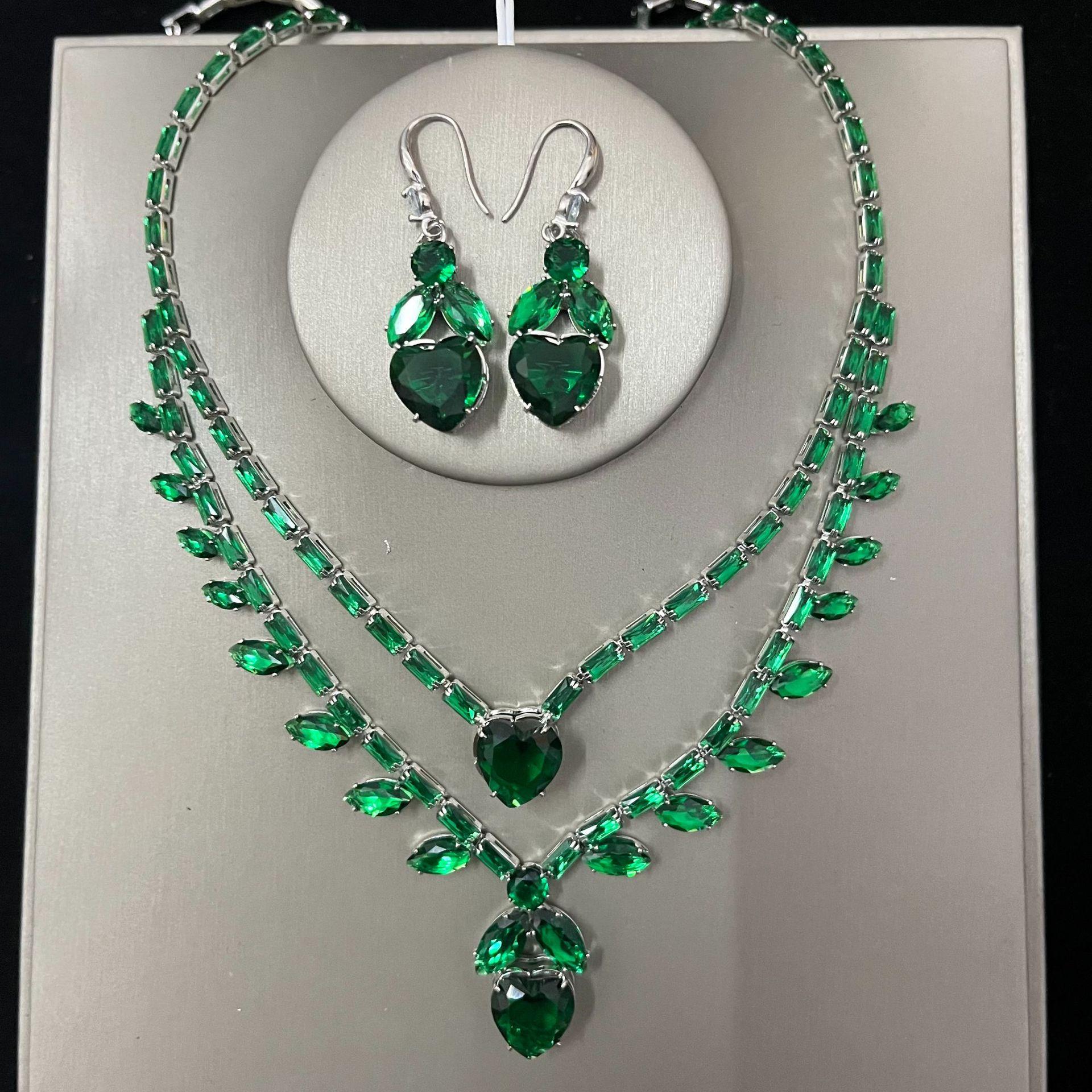 Простой Легкий Роскошный Свадебный Цирконовый Костюм Женственность Ожерелье Серьги Набор из Двух Предметов Мода Банкет Свадебные Аксессуары зелёный