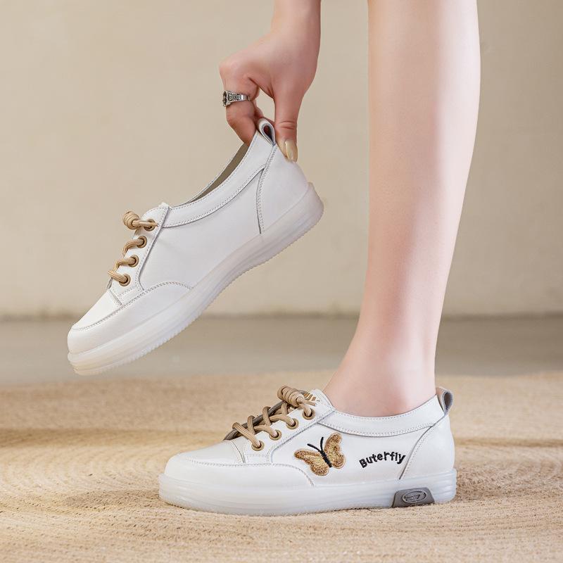 Women's White Leather Slip-On Sneakers - Spring/Autumn, Soft Sole, Butterfly Design, Casual Flats, Plus Sizes Available