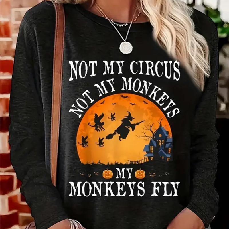 

Топы для женщин Хэллоуин Ночь Ведьма Принт Круглый вырез Длинный рукав Футболка Осенний Повседневный Тонкий Пуловер Женский Длинный Рукав Топ 8XL чёрный