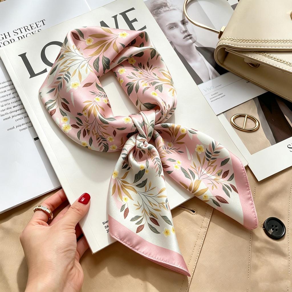 Commuter elegant flower silk scarf women's contrasting color retro printing satin scarf shirt with multi-purpose decorative small scarf