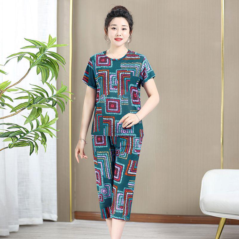 Ice Silk Summer Set for Middle-Aged & Elderly Women - Short-Sleeve Casual Homewear Pajamas