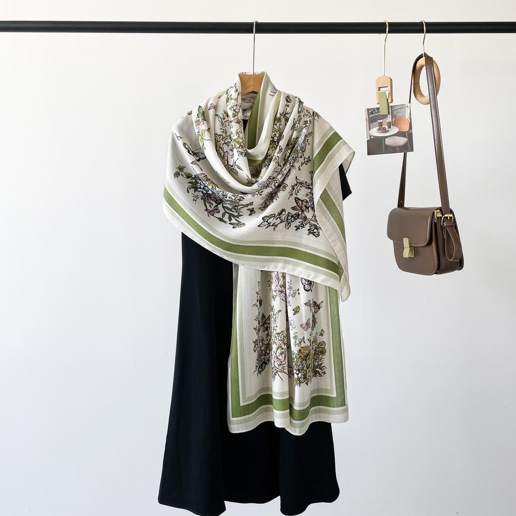 Autumn New High End Touching Word Pattern Silk Scarf for Women Lake Color Geometric Printing Imitation Silk Satin Shawl