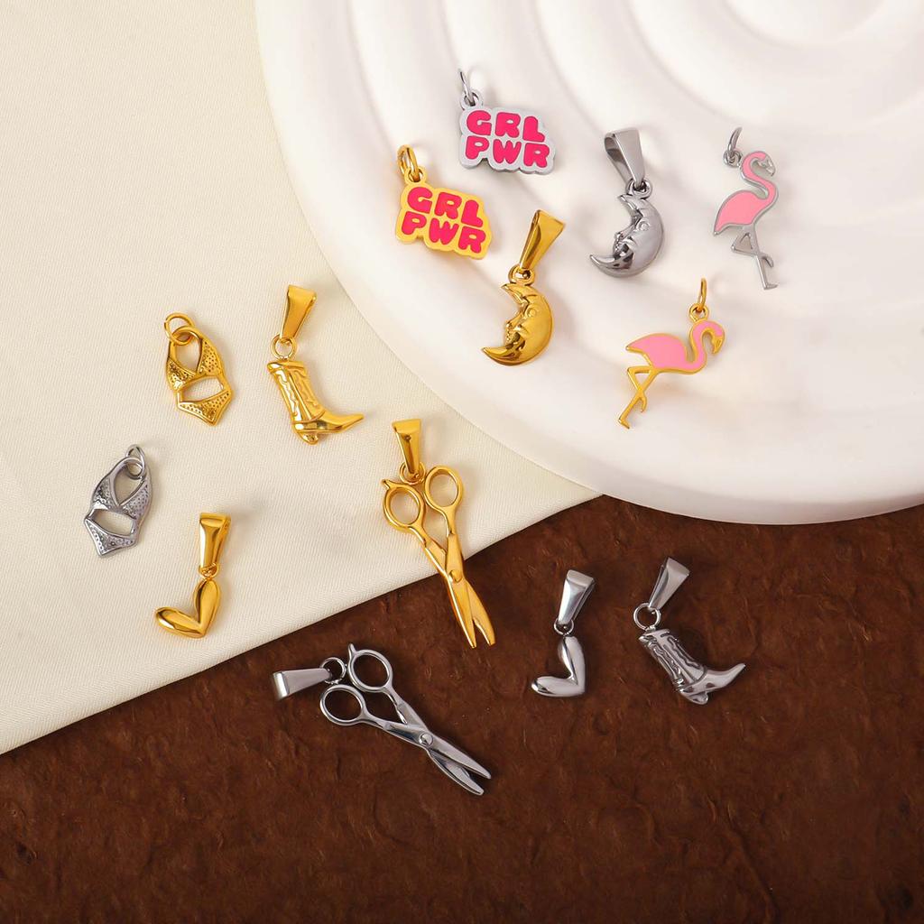 Fashion Enamel Girl Power Stainless Steel Pendant 18K Gold Silver Flamingo Scissors Boot Charms Jewelry Accessories