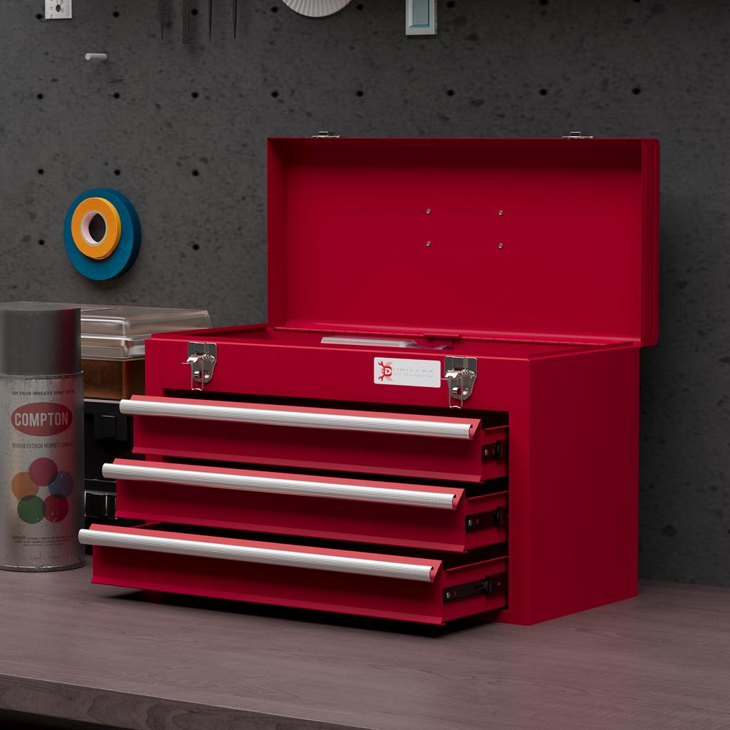 Lockable Metal Tool Box, 3 Drawer Tool Chest with Latches, Handle, Ball Bearing Runners, Red