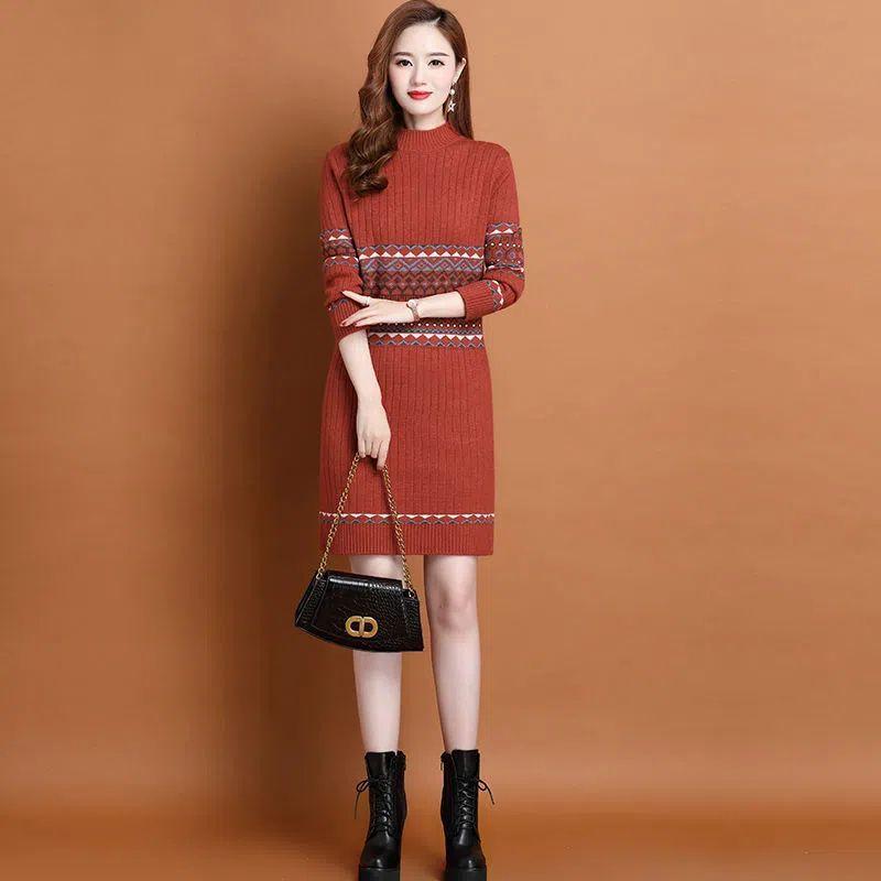 Slim Sweater Dress for Women In Winter Thickened and Warm Half Turtleneck Pullover Solid Color Casual Mid-length Knitted Sweater