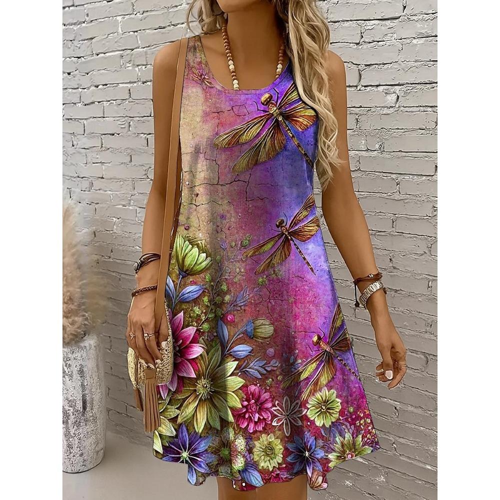Women's Mini A-line Dress Off Shoulder Vacation Leisure Beach Regular Fit Flower Pattern Animal Sleeveless Round Neck Dress